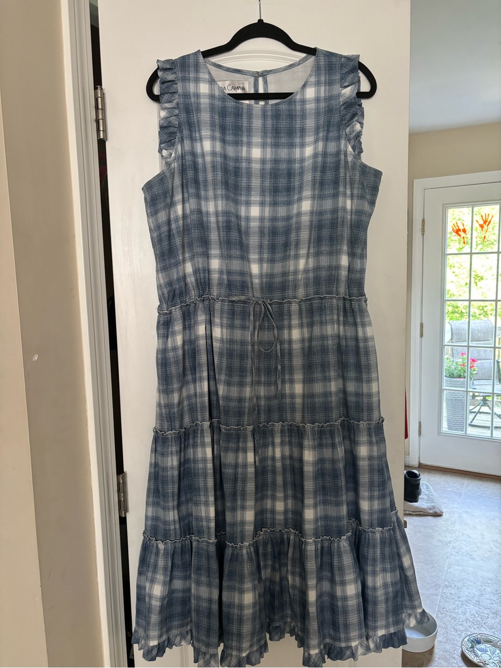 Sara Campbell Maxi Dress Blue & White Plaid Sleeveless Lined Adj  Drawstring XL